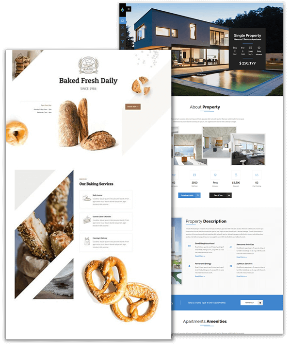 Screenshots of a bakery website, and a villa website home pages