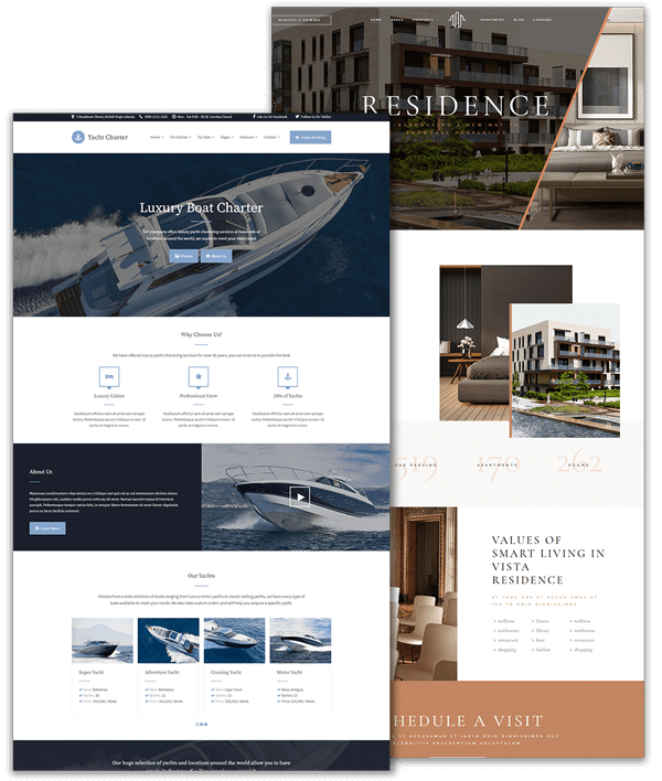 Screenshots of yacht charter, and a villa websites