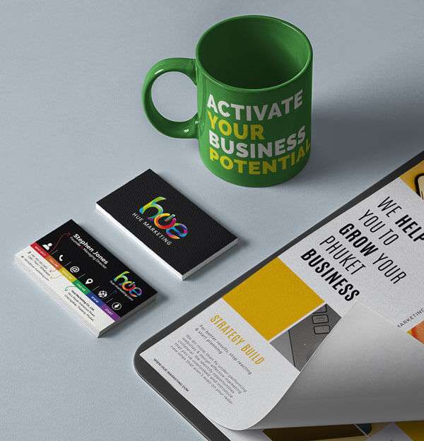 Branded coffee mug, business cards and flyers