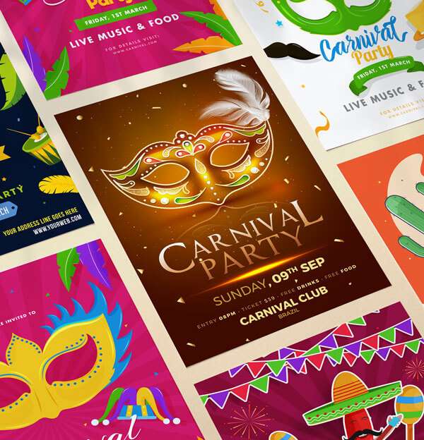 Promotional flyers and posters for carnival party event