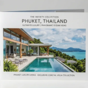 Luxury Phuket villa brochure standing upright on a white surface, showcasing modern ocean-view property design