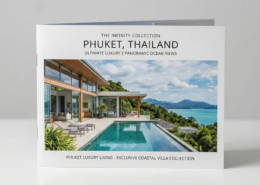7 Must-Know Tips for Stunning Brochure Designs 8 Luxury Phuket villa brochure standing upright on a white surface, showcasing modern ocean-view property design
