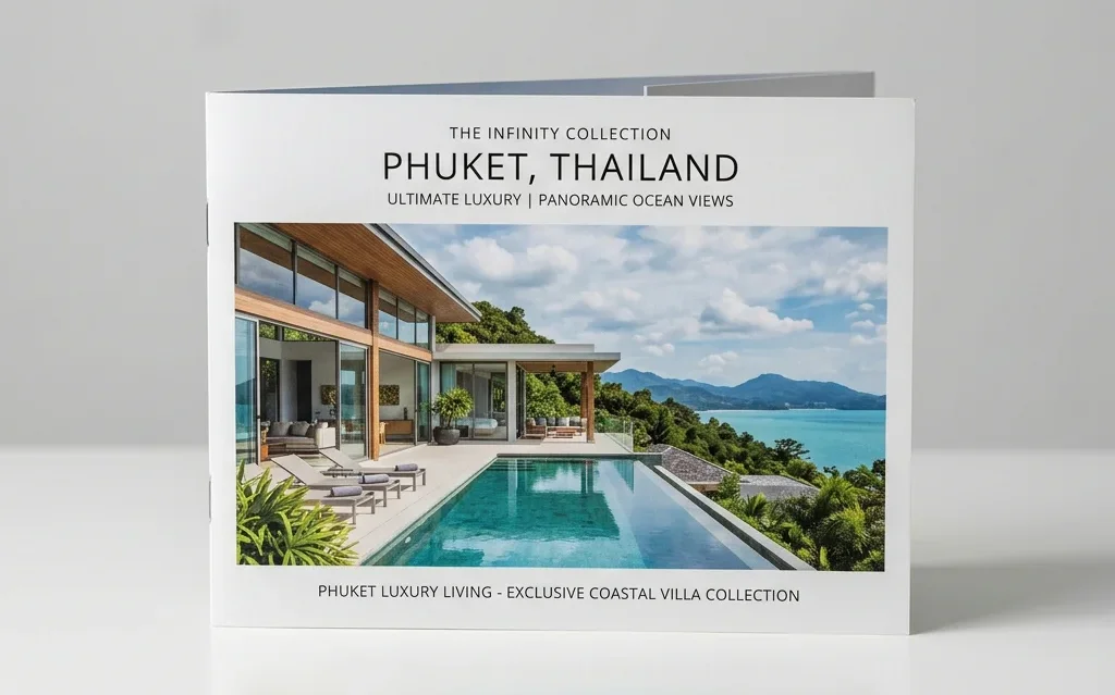 Luxury Phuket villa brochure standing upright on a white surface, showcasing modern ocean-view property design
