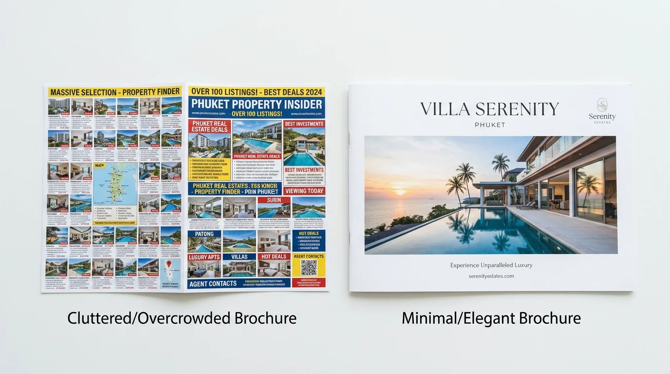 Side-by-side comparison of a cluttered property brochure versus a clean, minimal Phuket villa brochure