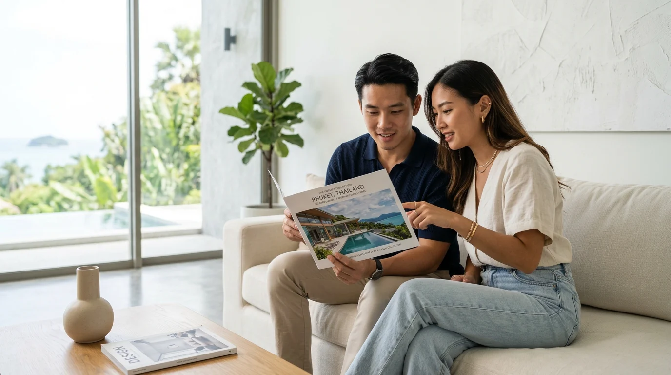 Couple reviewing a Phuket beachfront condominium brochure in a bright, modern lounge setting
