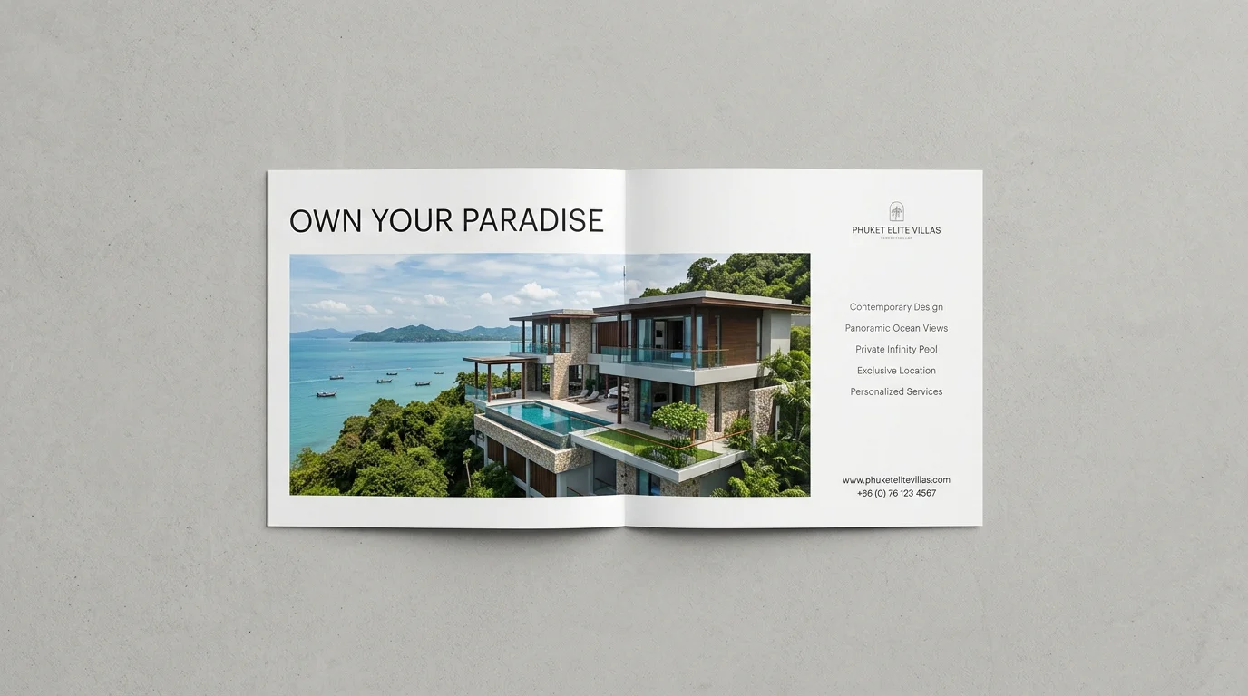 Open property brochure with the headline 'Own Your Paradise' above a Phuket cliffside villa image