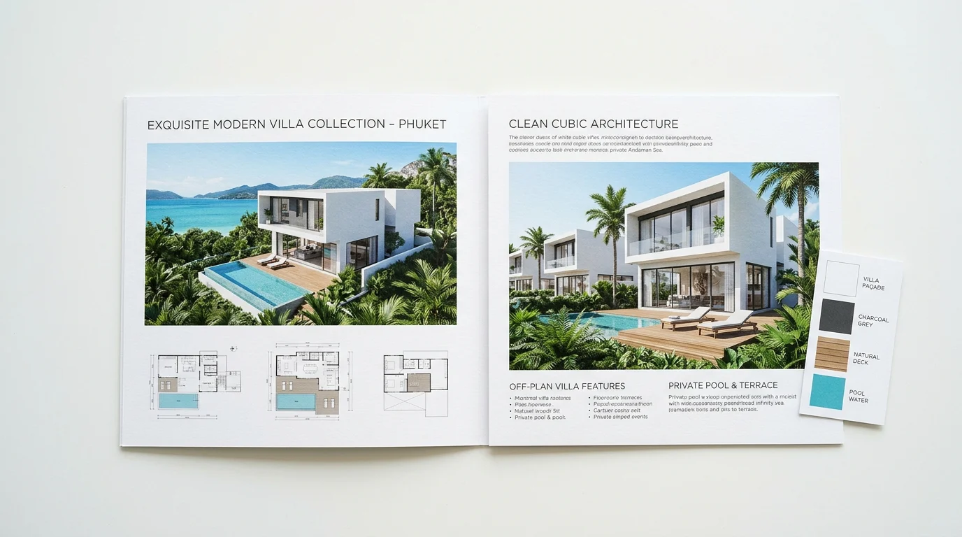 Gatefold brochure displaying architectural renderings of a modern Phuket off-plan villa development