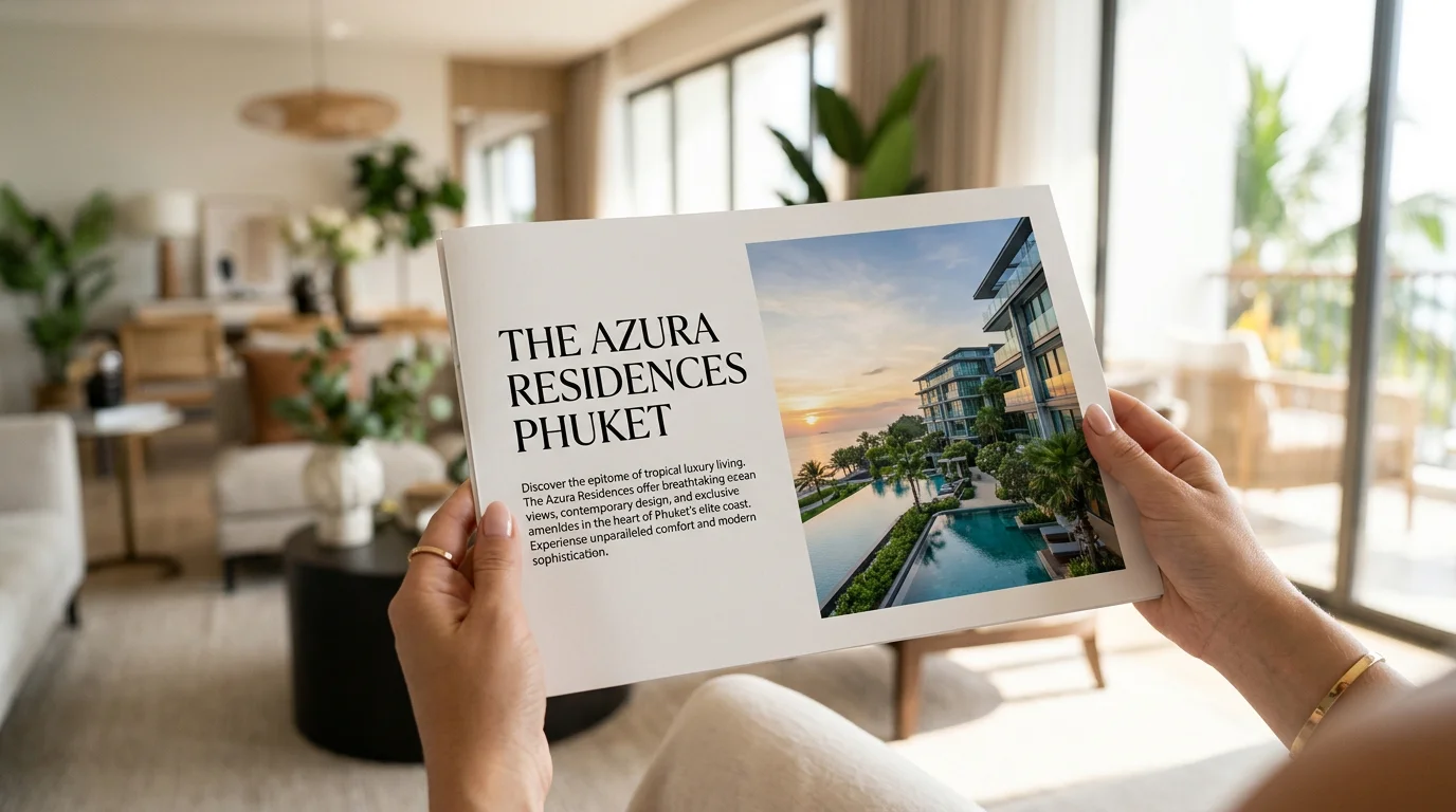 Hands holding a property brochure with a clean layout, clear headings, and a Phuket condominium image