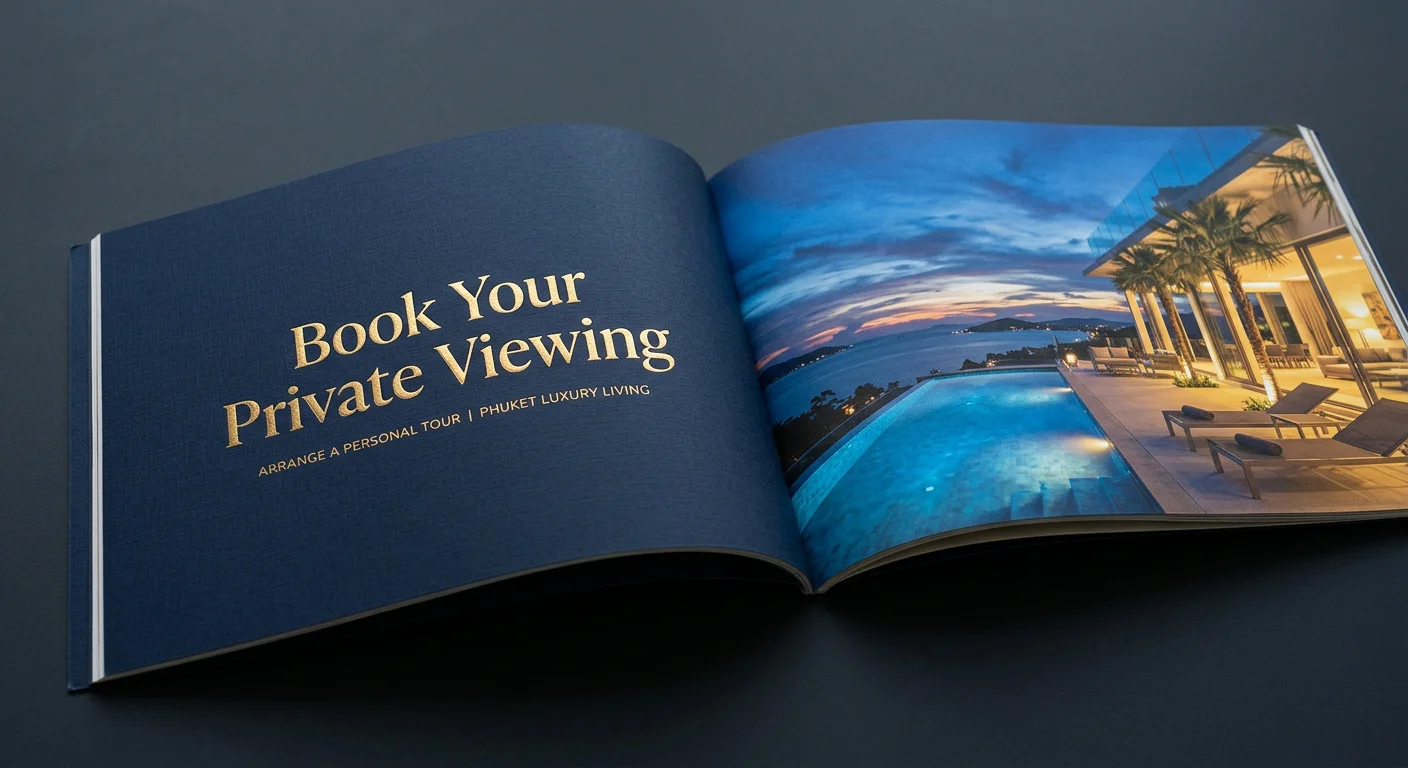 Brochure panel with a gold 'Book Your Private Viewing' CTA and a twilight Phuket penthouse image