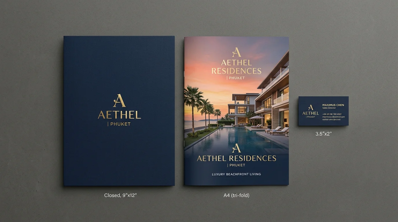 Matching real estate brand suite including brochure, business card, and folder in a navy and gold palette