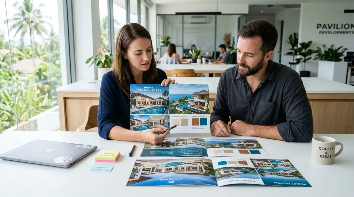 Marketers reviewing printed brochure proofs for a Phuket property development in a modern office