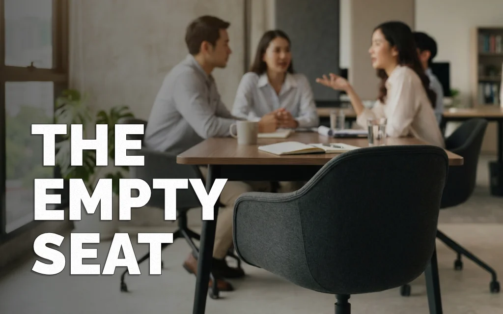 An empty chair at a small business meeting table, with colleagues seated around it out of focus — representing the vacant role of protecting a brand