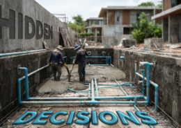How Much? Workers build a pool but cover pipes in concrete a more expensive option keeps the important pipes accessible.