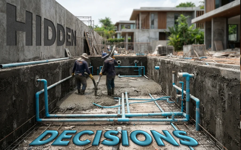 Stop Asking "How Much." Start Asking "What Would You Do With This?" 1 How Much? Workers build a pool but cover pipes in concrete a more expensive option keeps the important pipes accessible.