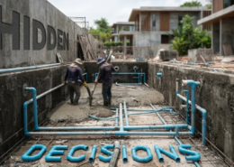 Worker build a pool but cover pipes in concrete a more expensive option keeps the important pipes accessible.